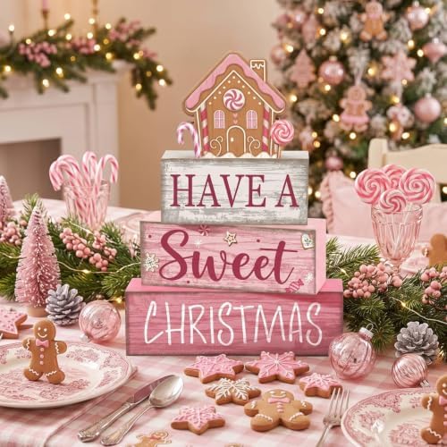 4 Pcs Pink Christmas Table Decor, Sweet Gingerbread Block Sign, alternate view 5
