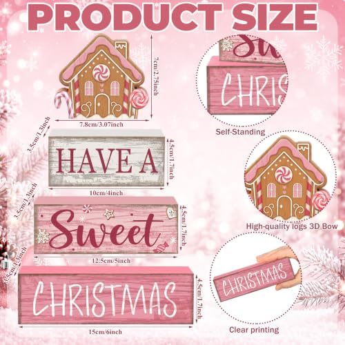 4 Pcs Pink Christmas Table Decor, Sweet Gingerbread Block Sign, alternate view 6
