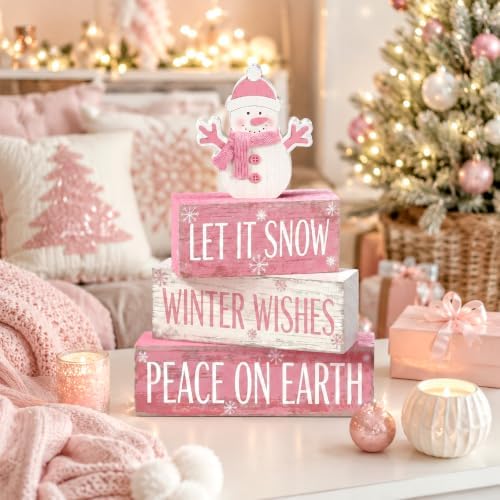 4 Pcs Pink Snowman Christmas Table Decor Winter Wooden Snowman, alternate view 2