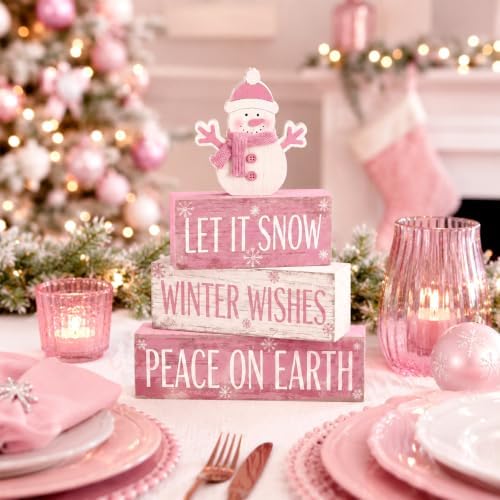 4 Pcs Pink Snowman Christmas Table Decor Winter Wooden Snowman, alternate view 4