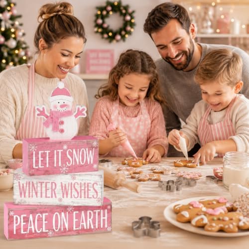 4 Pcs Pink Snowman Christmas Table Decor Winter Wooden Snowman, alternate view 5