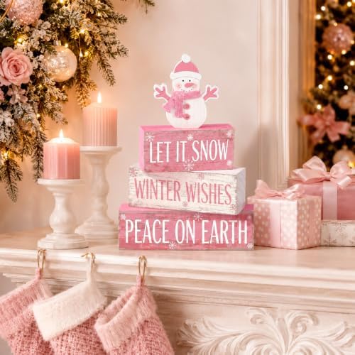 4 Pcs Pink Snowman Christmas Table Decor Winter Wooden Snowman, alternate view 6