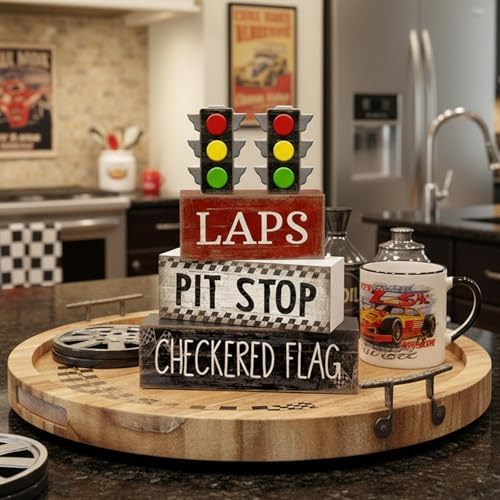 4 Pcs Race Car Wooden Tiered Tray Decor Tabletop Block Signs, alternate view 3