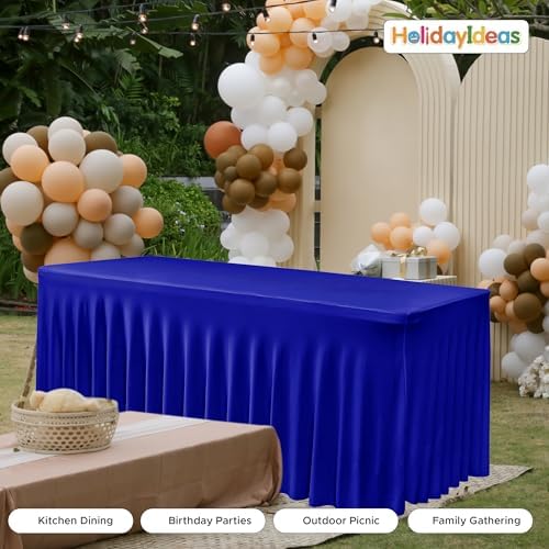 4 Pcs Royal Blue Spandex Table Covers 8ft Rectangle Ruffle Skirts for Party, alternate view 4