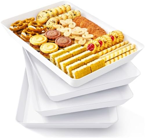 4 Pcs Serving Tray for Party, Reusable Plastic Food Serving Platter in 13.5" x 9.5" x 1.3" in White