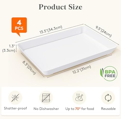 4 Pcs Serving Tray for Party, Reusable Plastic Food Serving Platter in 13.5" x 9.5" x 1.3" in White, alternate view 3