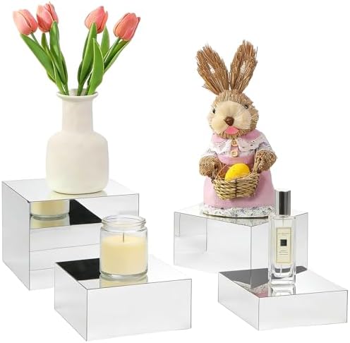 4 Pcs Silver Mirror Acrylic Display Risers, 4mm Thick Anti-Scratch Nesting Cube Stands, 6"-8" Wide Sturdy