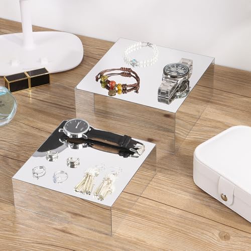 4 Pcs Silver Mirror Acrylic Display Risers, 4mm Thick Anti-Scratch Nesting Cube Stands, 6"-8" Wide Sturdy, alternate view 2
