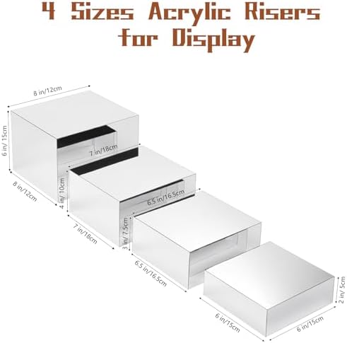 4 Pcs Silver Mirror Acrylic Display Risers, 4mm Thick Anti-Scratch Nesting Cube Stands, 6"-8" Wide Sturdy, alternate view 3