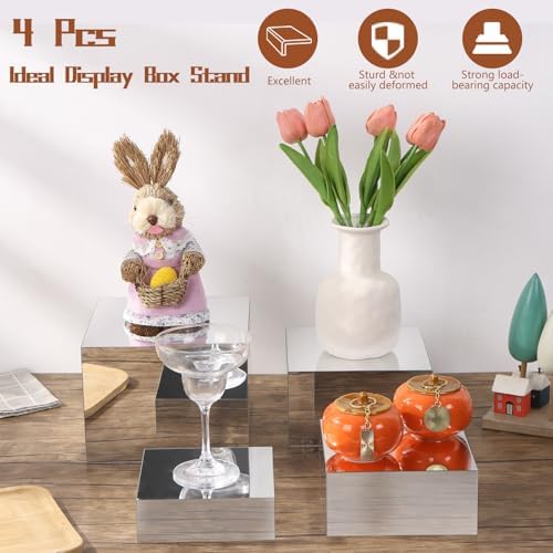 4 Pcs Silver Mirror Acrylic Display Risers, 4mm Thick Anti-Scratch Nesting Cube Stands, 6"-8" Wide Sturdy, alternate view 4