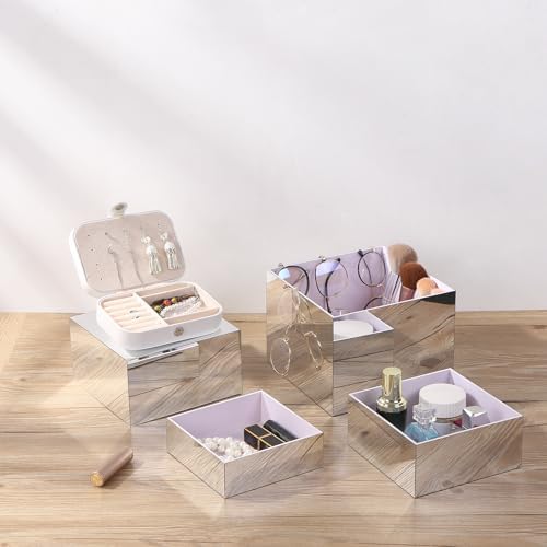 4 Pcs Silver Mirror Acrylic Display Risers, 4mm Thick Anti-Scratch Nesting Cube Stands, 6"-8" Wide Sturdy, alternate view 6