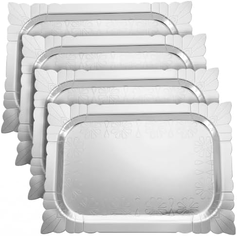 4 Pcs Silver Rectangle Serving Trays, Paper Cardboard Platters in Silver