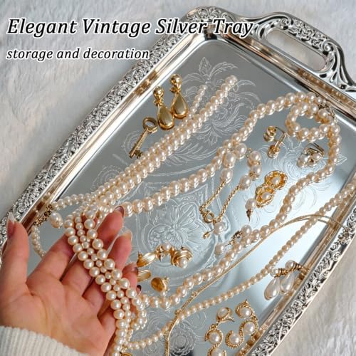 4 Pcs Silver Serving Trays with Tongs Metal Stainless Steel Mirror Tray in Silver, alternate view 7