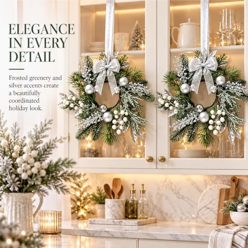 4 PCS Small Christmas Pine Kitchen Cabinet Wreaths for Front Door with Bow, alternate view 6