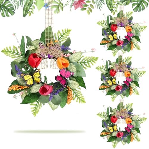 4 PCS Spring Lavender Tulips Hanging Wreaths for Kitchen Cabinets Artificial Small Floral Wreaths for Front Door