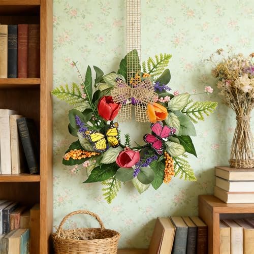 4 PCS Spring Lavender Tulips Hanging Wreaths for Kitchen Cabinets Artificial Small Floral Wreaths for Front Door, alternate