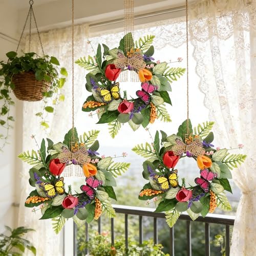 4 PCS Spring Lavender Tulips Hanging Wreaths for Kitchen Cabinets Artificial Small Floral Wreaths for Front Door, alternate