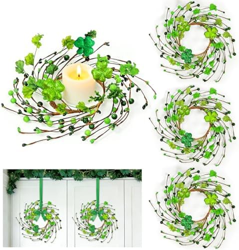 4 Pcs St Patricks Day Decorations 11.8 Inch Small Shamrock Wreath Mini St Patricks Wreaths with Green Berried