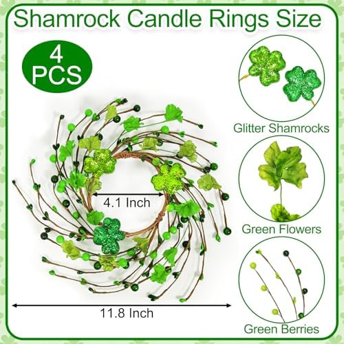 4 Pcs St Patricks Day Decorations 11.8 Inch Small Shamrock Wreath Mini St Patricks Wreaths with Green Berried, alternate view