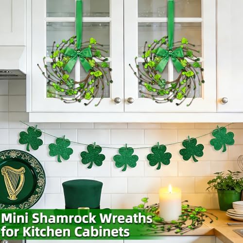 4 Pcs St Patricks Day Decorations 11.8 Inch Small Shamrock Wreath Mini St Patricks Wreaths with Green Berried, alternate view