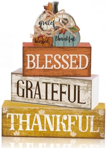 4 Pcs Stacked Pumpkin Block Signs, Fall Thanksgiving Decor