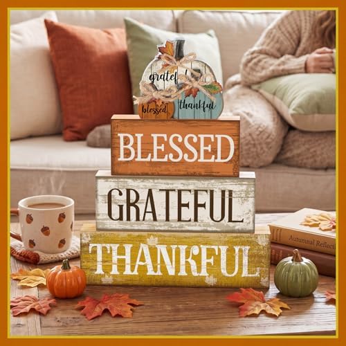 4 Pcs Stacked Pumpkin Block Signs, Fall Thanksgiving Decor, alternate view 2