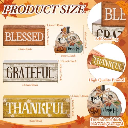 4 Pcs Stacked Pumpkin Block Signs, Fall Thanksgiving Decor, alternate view 3