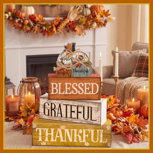 4 Pcs Stacked Pumpkin Block Signs, Fall Thanksgiving Decor, alternate view 4
