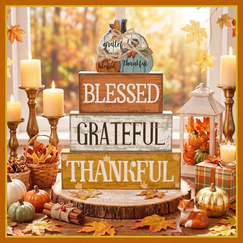 4 Pcs Stacked Pumpkin Block Signs, Fall Thanksgiving Decor, alternate view 5