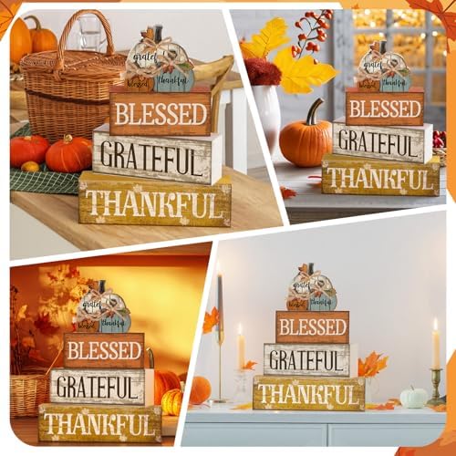 4 Pcs Stacked Pumpkin Block Signs, Fall Thanksgiving Decor, alternate view 6