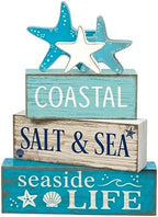 4 Pcs Summer Beach Table Decor Starfish & Seashell Coastal Nautical Wooden Block Signs, Rustic Farmhouse Tiered