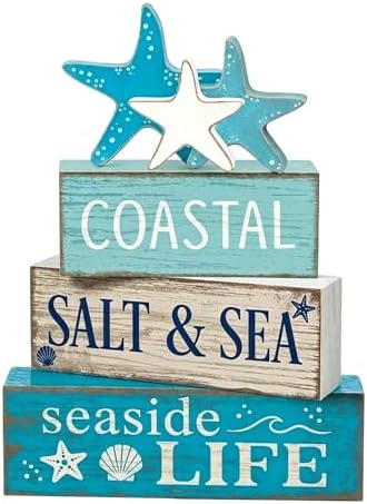 4 Pcs Summer Beach Table Decor Starfish & Seashell Coastal Nautical Wooden Block Signs, Rustic Farmhouse Tiered