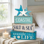 4 Pcs Summer Beach Table Decor Starfish & Seashell Coastal Nautical Wooden Block Signs, Rustic Farmhouse Tiered, alternate