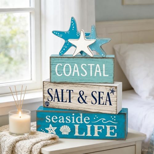 4 Pcs Summer Beach Table Decor Starfish & Seashell Coastal Nautical Wooden Block Signs, Rustic Farmhouse Tiered, alternate