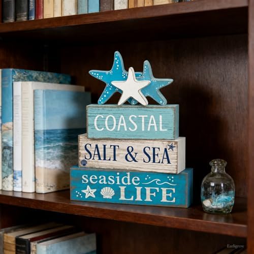 4 Pcs Summer Beach Table Decor Starfish & Seashell Coastal Nautical Wooden Block Signs, Rustic Farmhouse Tiered, alternate