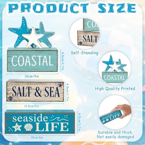 4 Pcs Summer Beach Table Decor Starfish & Seashell Coastal Nautical Wooden Block Signs, Rustic Farmhouse Tiered, alternate