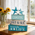 4 Pcs Summer Beach Table Decor Starfish & Seashell Coastal Nautical Wooden Block Signs, Rustic Farmhouse Tiered, alternate