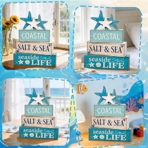 4 Pcs Summer Beach Table Decor Starfish & Seashell Coastal Nautical Wooden Block Signs, Rustic Farmhouse Tiered, alternate