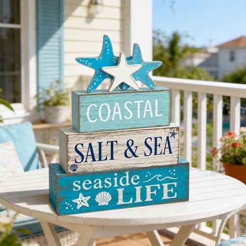 4 Pcs Summer Beach Table Decor Starfish & Seashell Coastal Nautical Wooden Block Signs, Rustic Farmhouse Tiered, alternate