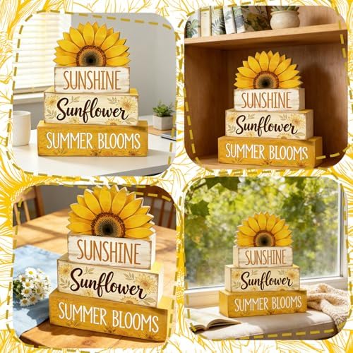 4 Pcs Sunflower Decor Faux Book Stack Blocks Farmhouse Tiered Tray Decor Summer Decorations for Home Kitchen, alternate view