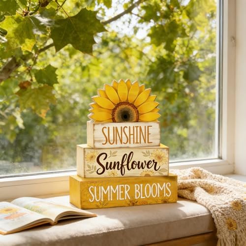 4 Pcs Sunflower Decor Faux Book Stack Blocks Farmhouse Tiered Tray Decor Summer Decorations for Home Kitchen, alternate view