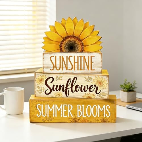 4 Pcs Sunflower Decor Faux Book Stack Blocks Farmhouse Tiered Tray Decor Summer Decorations for Home Kitchen, alternate view