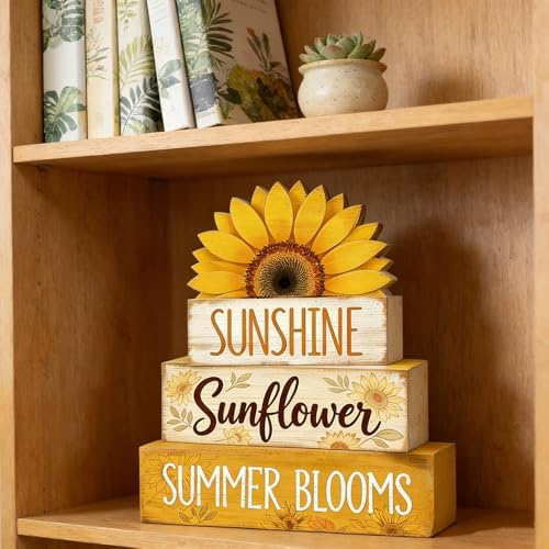 4 Pcs Sunflower Decor Faux Book Stack Blocks Farmhouse Tiered Tray Decor Summer Decorations for Home Kitchen, alternate view