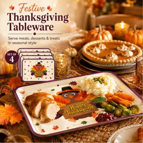 4 Pcs Thanksgiving Turkey Serving Trays, 16 x 11 in Plastic Serving Dishes in Multi Color, alternate view 4