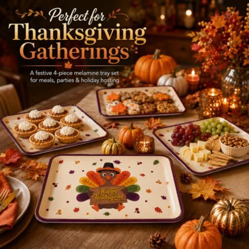 4 Pcs Thanksgiving Turkey Serving Trays, 16 x 11 in Plastic Serving Dishes in Multi Color, alternate view 5