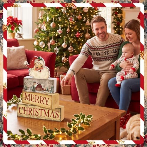 4 Pcs Vintage Christmas Table Decoration Wooden Santa Claus Decor Merry Christmas Tiered Tray Decor Decorative, alternate