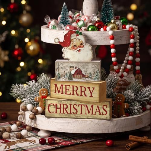 4 Pcs Vintage Christmas Table Decoration Wooden Santa Claus Decor Merry Christmas Tiered Tray Decor Decorative, alternate