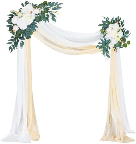 4 Pcs Wedding Arch Flowers and Drape Kit Include 2 Artificial Floral Swag and 2 White Chiffon Drapes, Faux