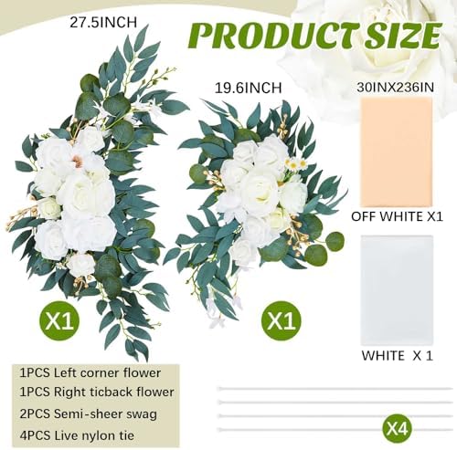 4 Pcs Wedding Arch Flowers and Drape Kit Include 2 Artificial Floral Swag and 2 White Chiffon Drapes, Faux, alternate view 2