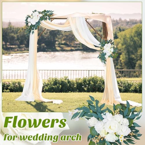 4 Pcs Wedding Arch Flowers and Drape Kit Include 2 Artificial Floral Swag and 2 White Chiffon Drapes, Faux, alternate view 4